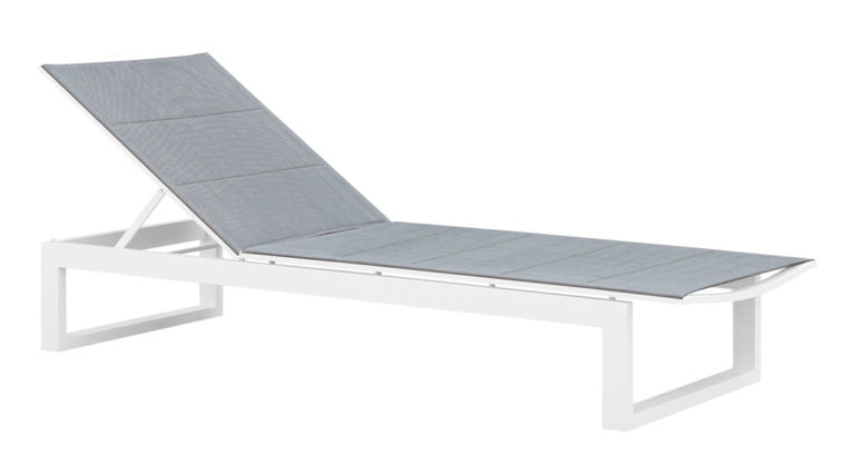 Como white aluminum chaise lounge with charcoal quilted sling