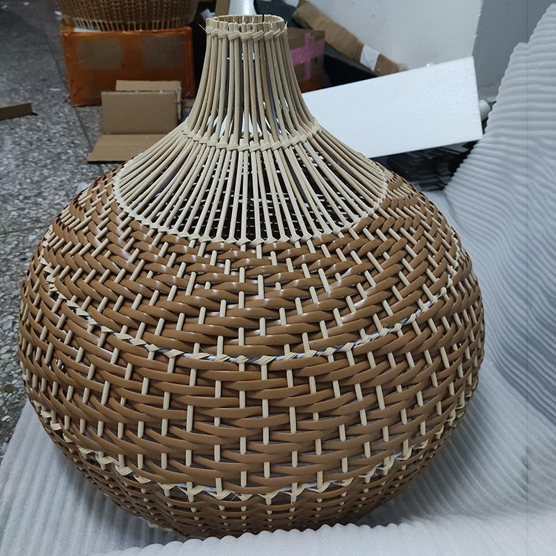Vintage round rattan pendant light with wood accents – close-up detail