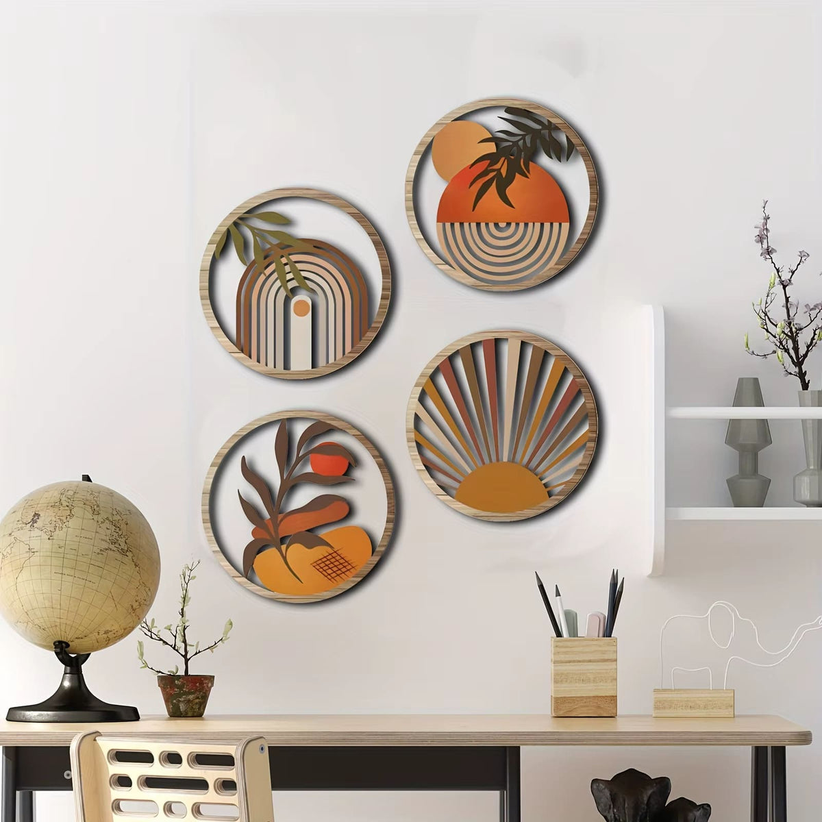 Set of four round wooden disc wall sculptures – shown in a room setting (3)