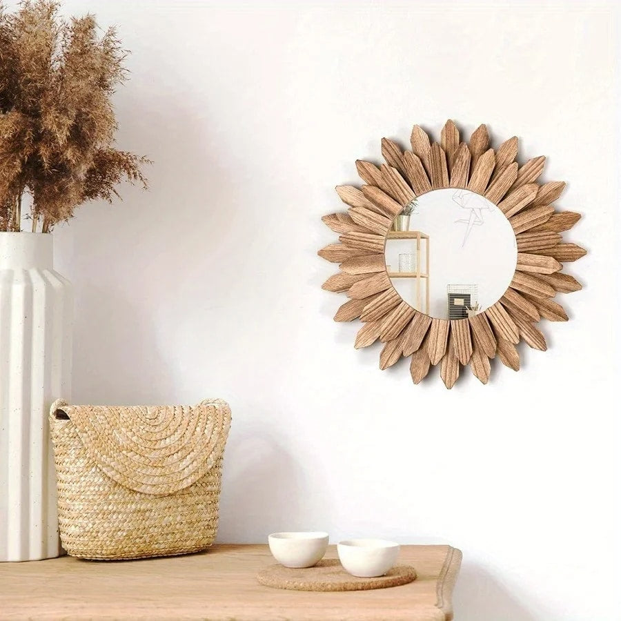 Carved wooden sunflower wall mirror – shown in a room setting