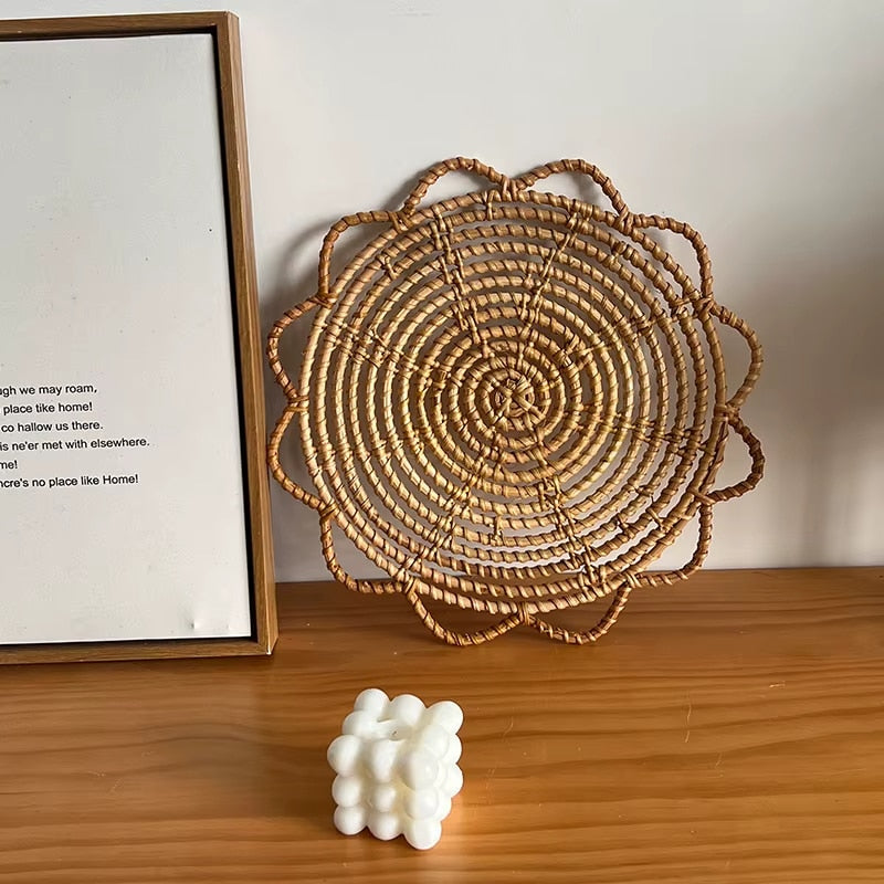 Boho round hand-braided rattan doily – shown in a room setting (2)