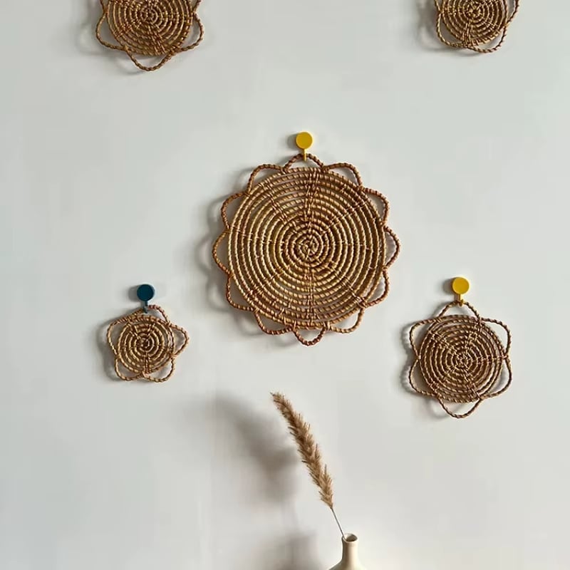 Boho round hand-braided rattan doily – shown in a room setting (3)