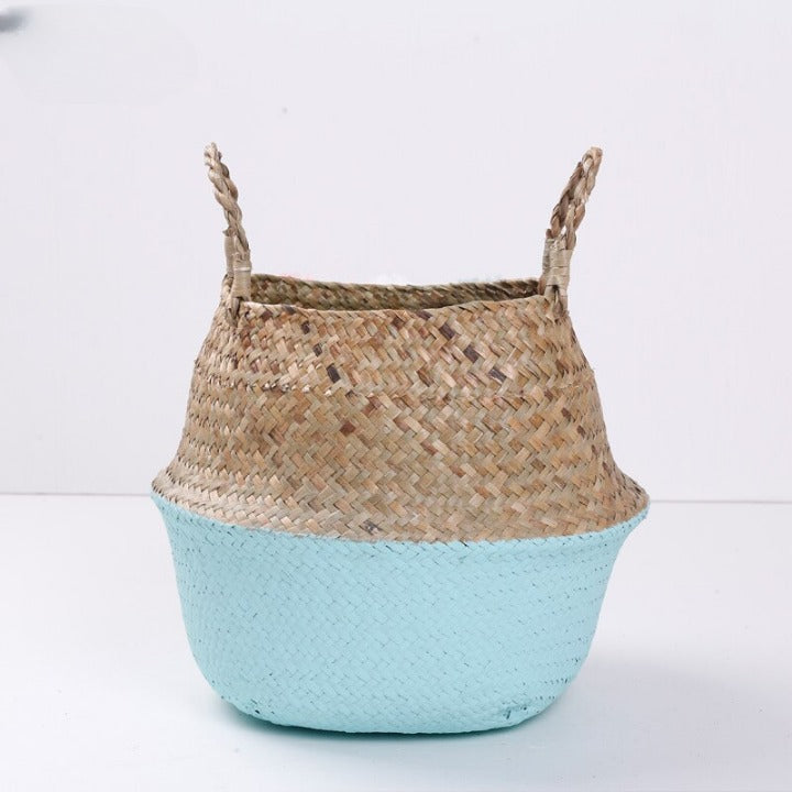 Soft blue handmade rattan storage basket