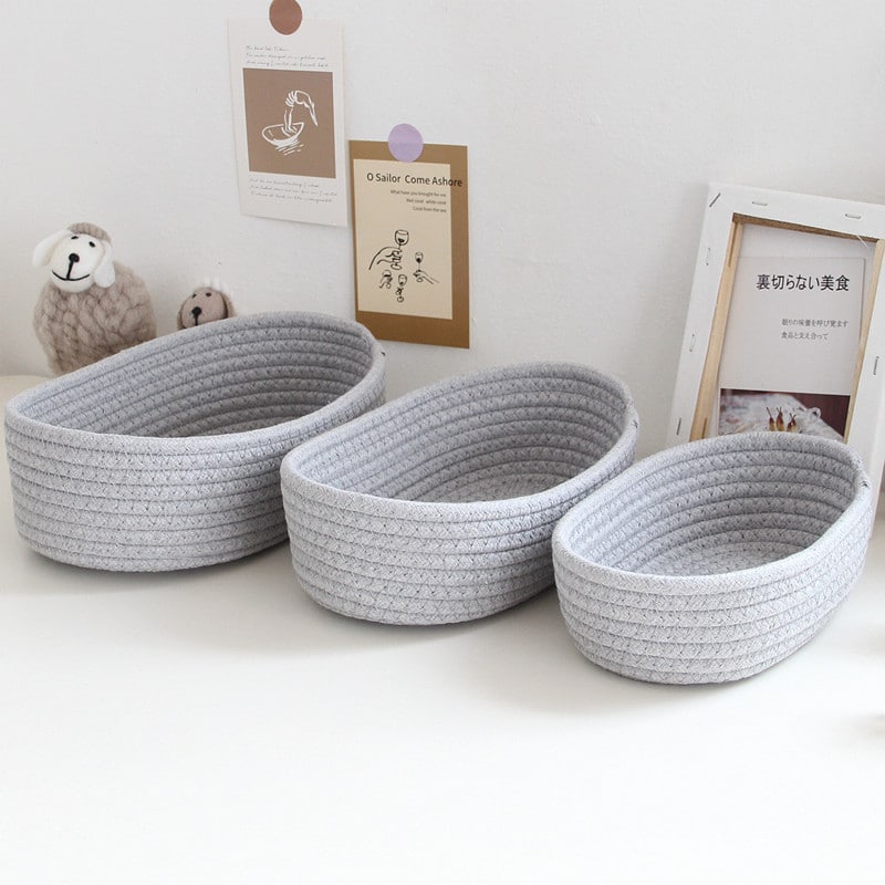 Gray oval woven cotton rope storage basket – multiple views (2)