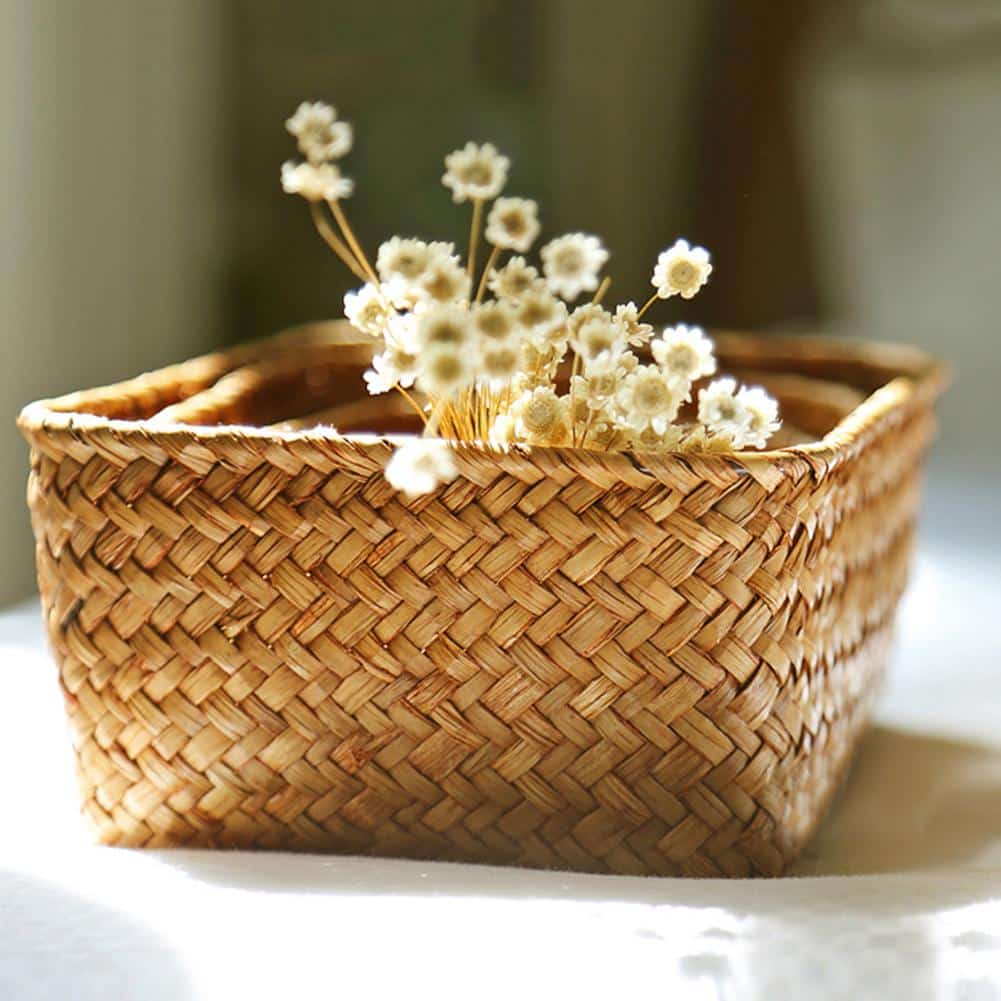 Structured rectangular handwoven rattan storage basket – shown in a room setting (2)
