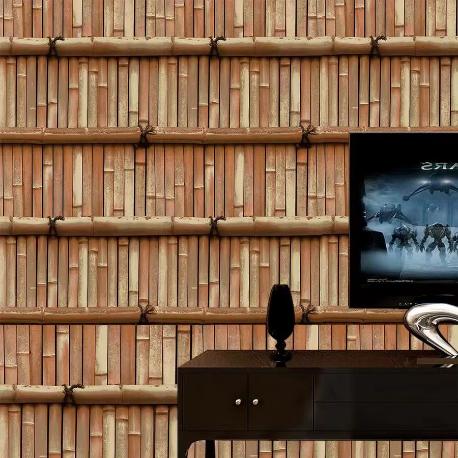Waterproof vinyl bamboo wallpaper in warm tones – shown in a room setting