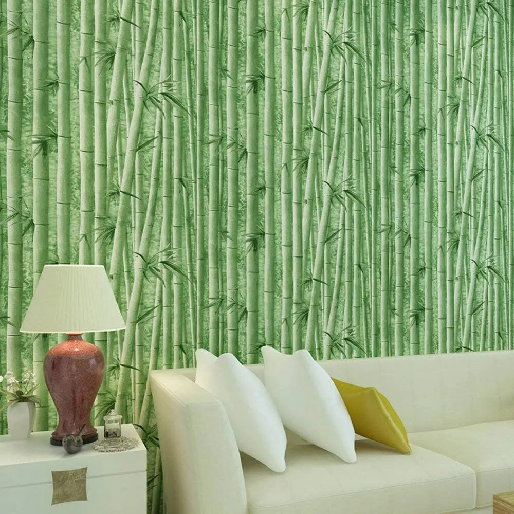 Peel-and-stick vinyl bamboo wallpaper in deep greens – shown in a room setting