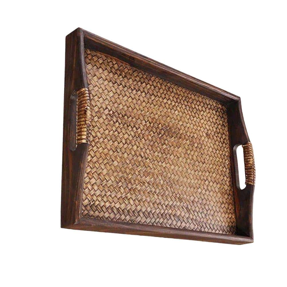 Vintage rectangular handwoven rattan serving tray – another view
