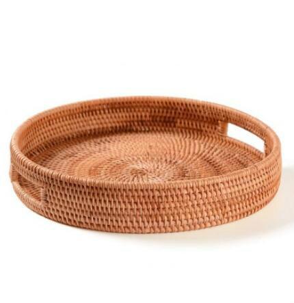 Round woven rattan serving tray with side cutout handles – M variant