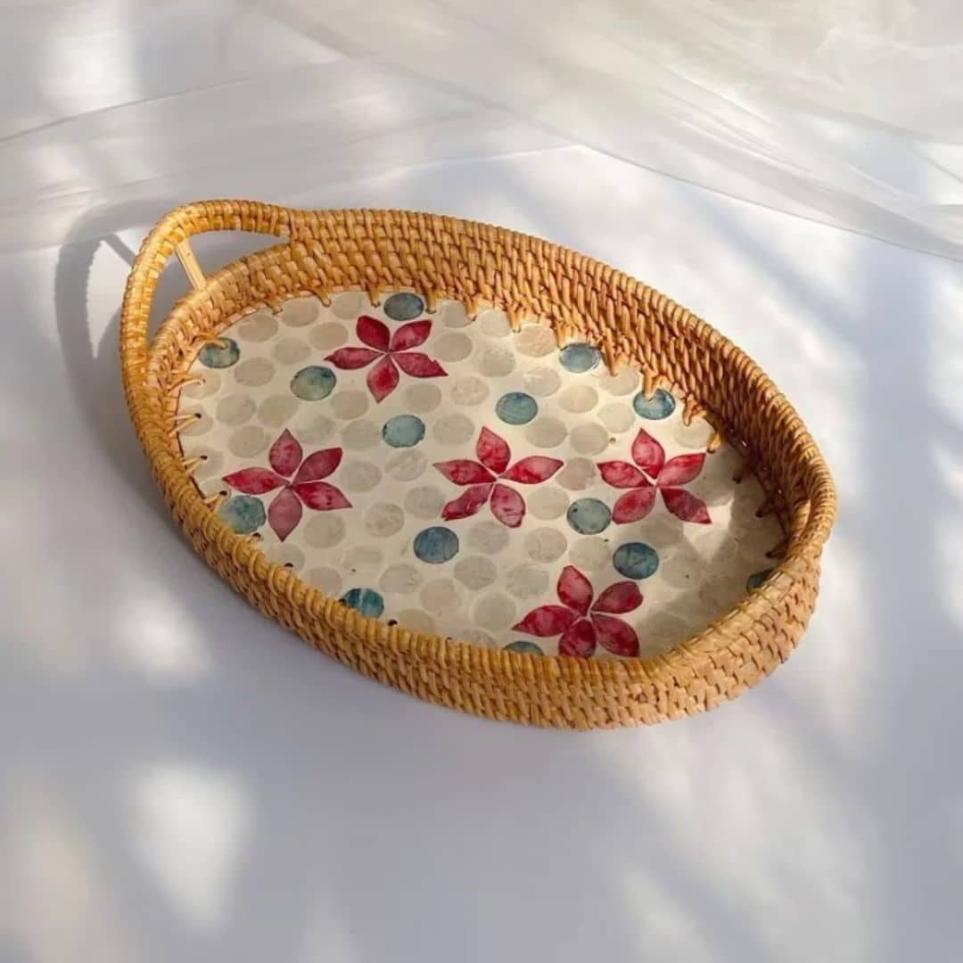 Oval rattan tray with a red floral base – another view