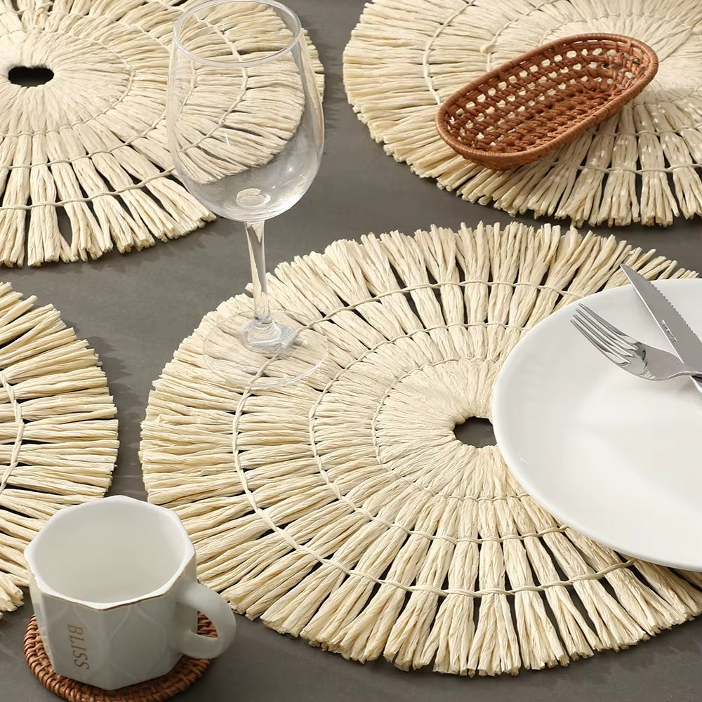 Pastoral straw-look placemat with free-form curves – shown in a room setting