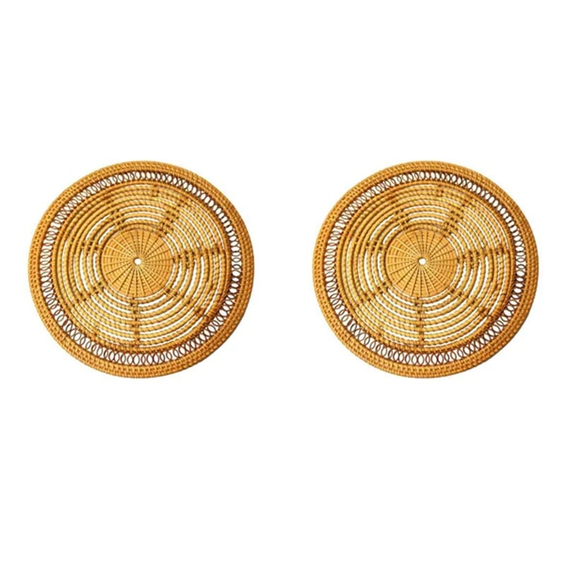 Round woven plastic rattan-look placemat – multiple views