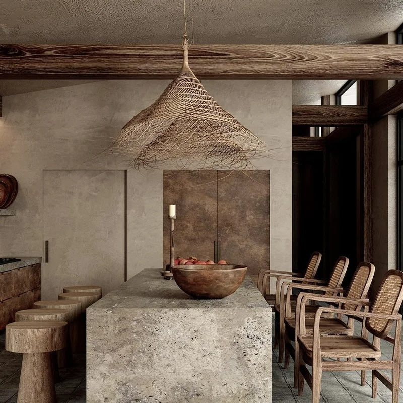 Straw-look round woven bamboo LED chandelier – shown in a room setting (2)
