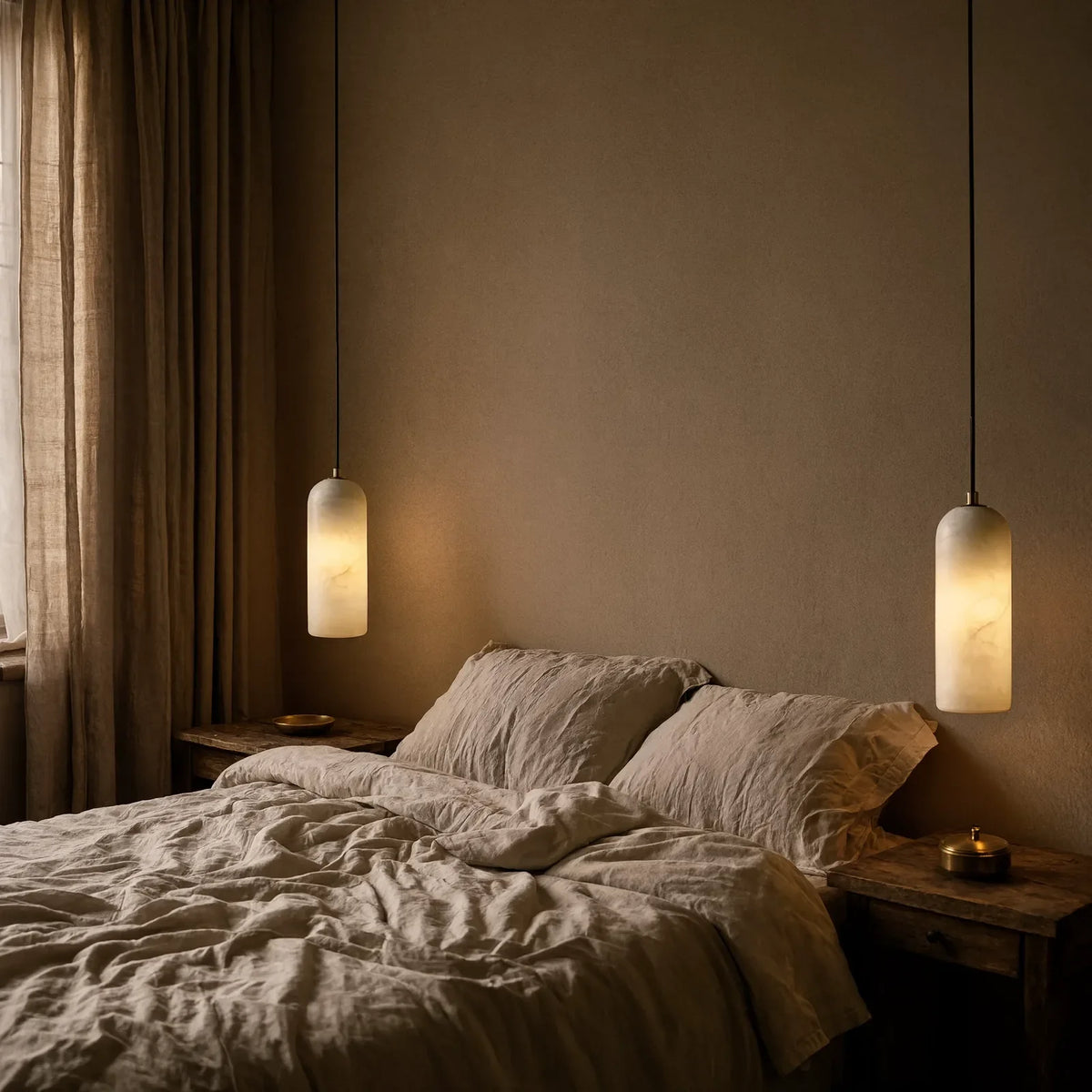 Tarente translucent marble pendant light with brushed brass canopy – shown in a bedroom