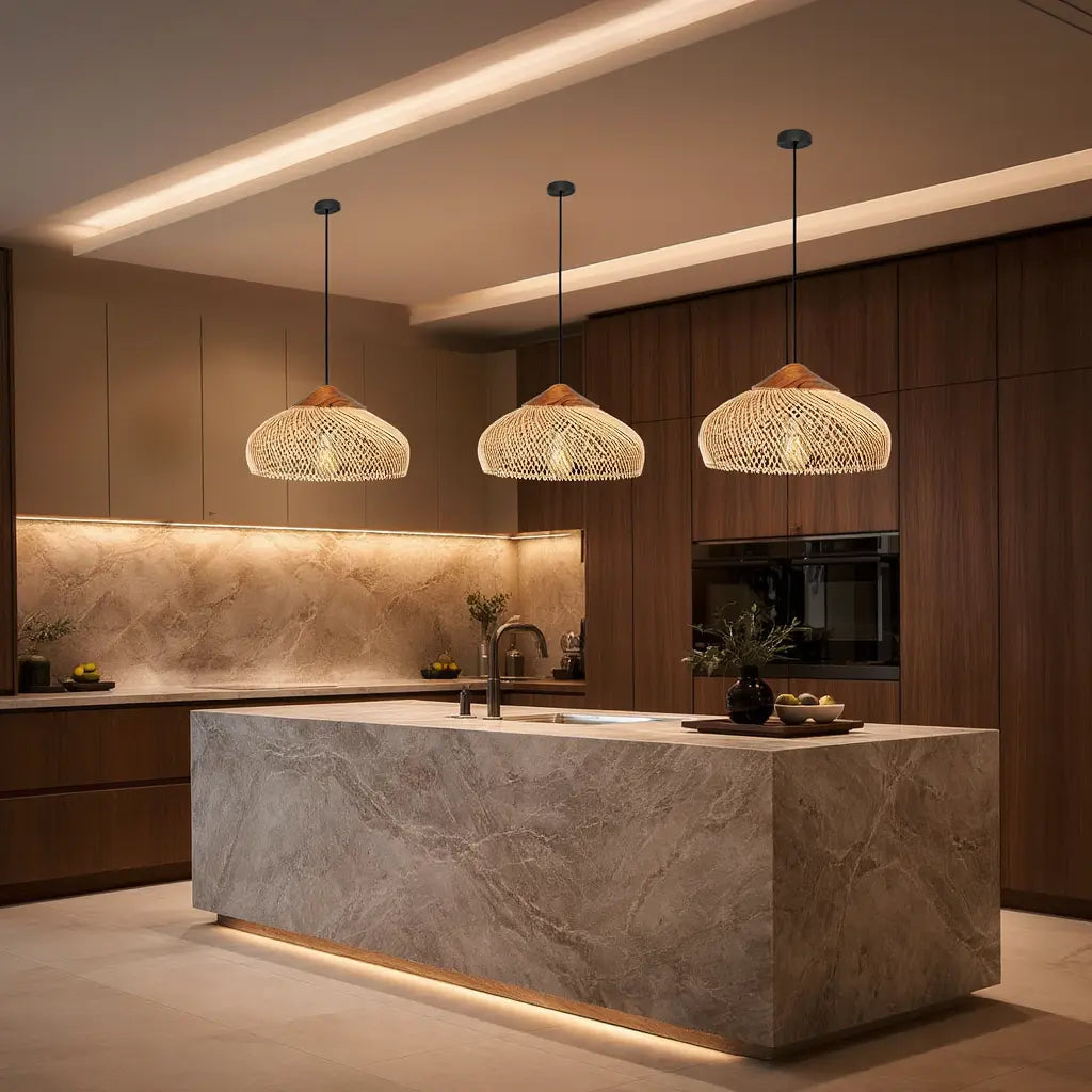 Milos rattan and wood dome pendant light – shown in a kitchen (2)
