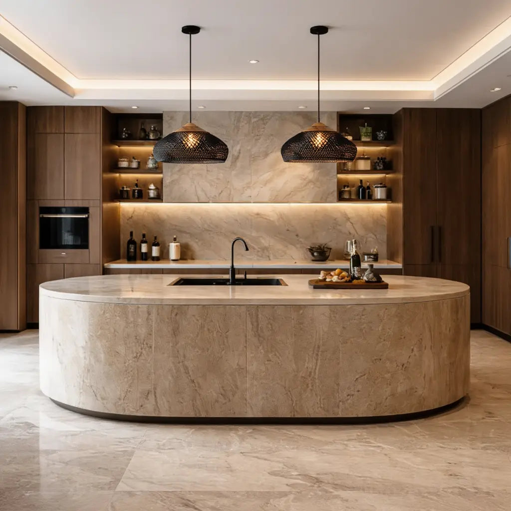 Milos rattan and wood dome pendant light – shown in a kitchen (3)