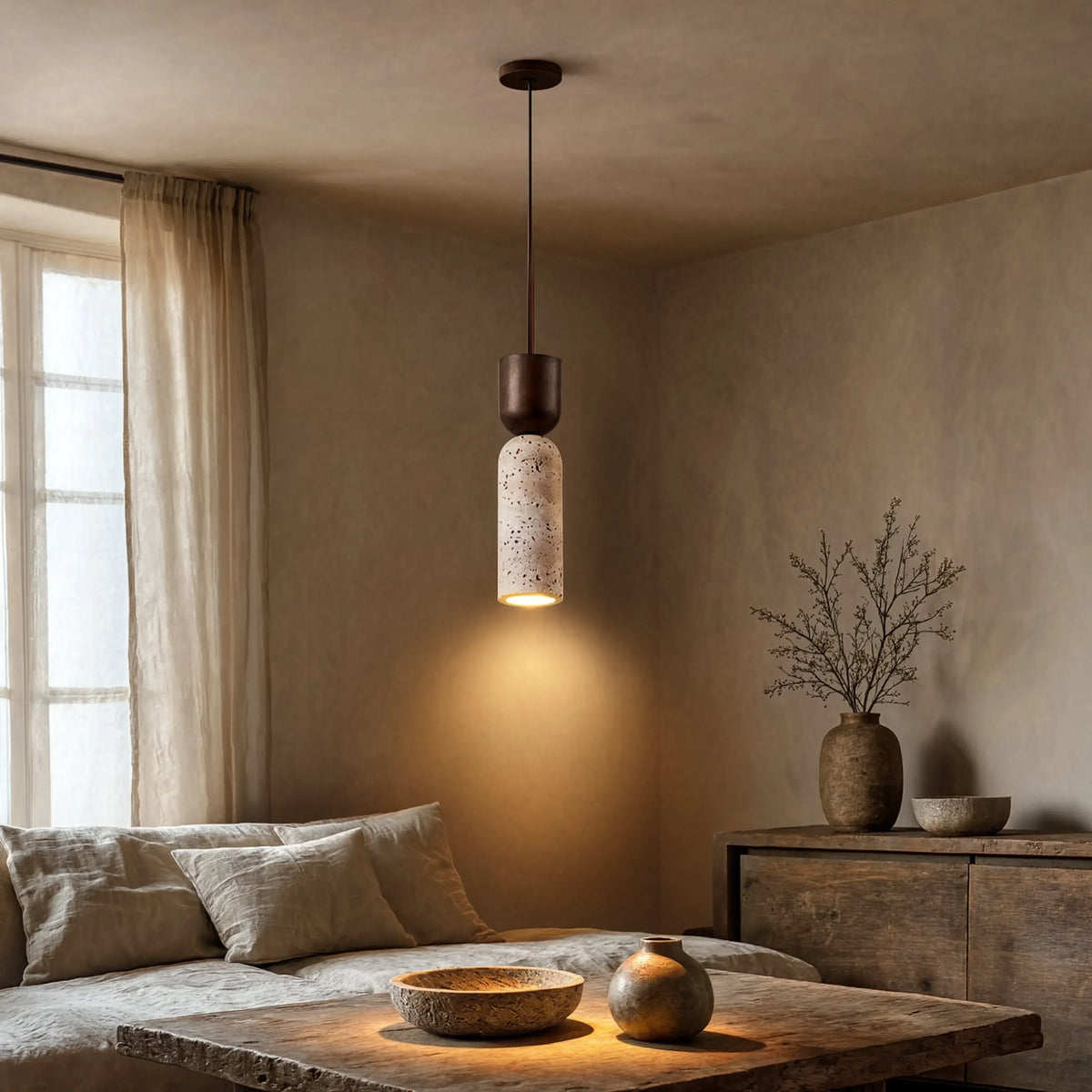 Ségeste narrow travertine and dark wood pendant light – shown in a living room