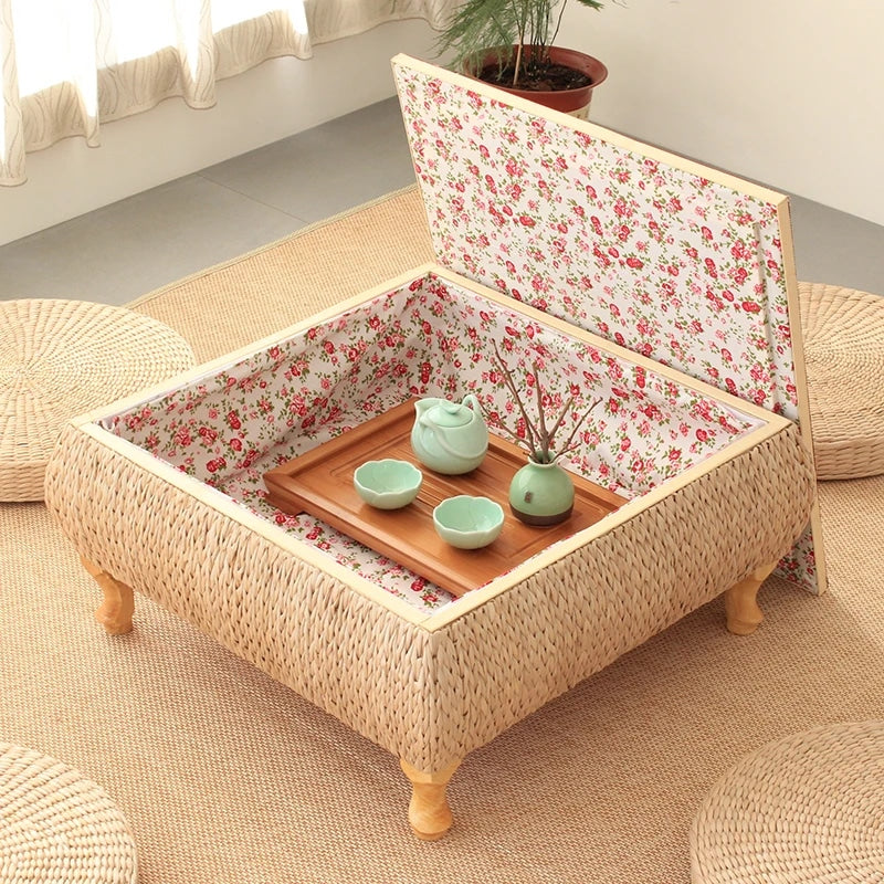 Square wicker coffee table with a storage chest beneath the top – close-up detail