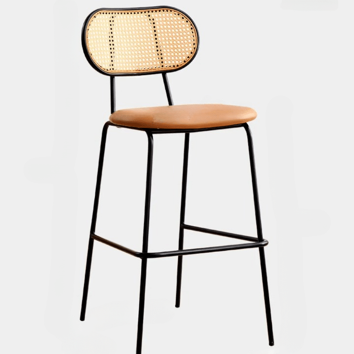 Hand-braided rattan bar stool with an embossed leather seat