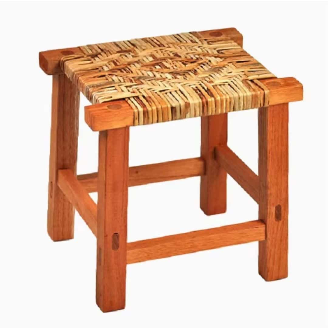 Handmade square wicker stool on a solid wood frame