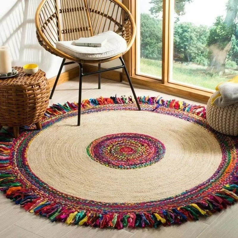 Reversible boho jute rug with multicolor tassels – shown in a room setting