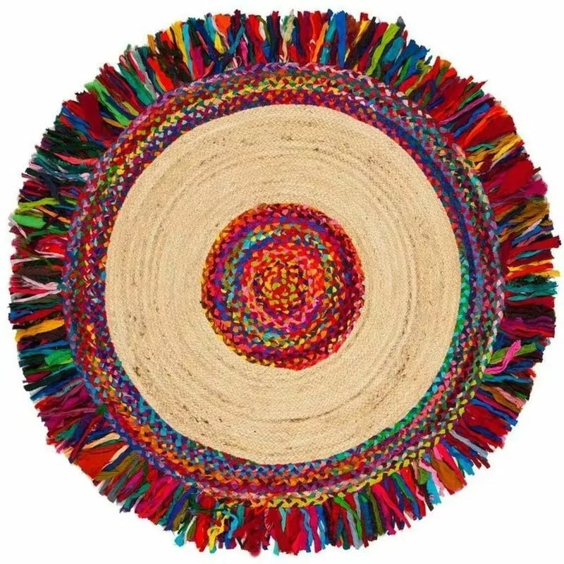Reversible boho jute rug with multicolor tassels