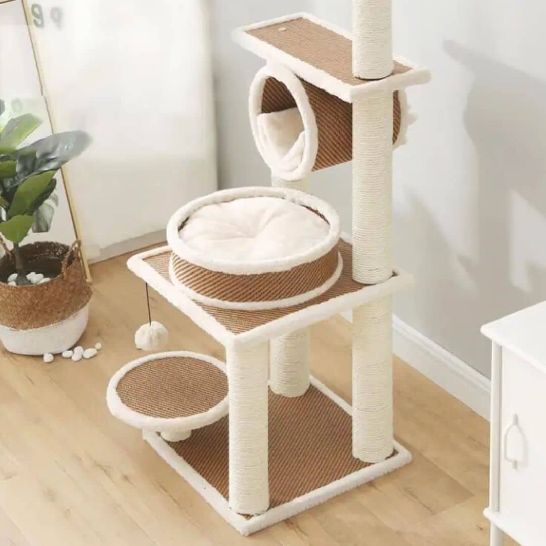 Rattan cat tower with soft fleece lining – shown in a room setting (3)