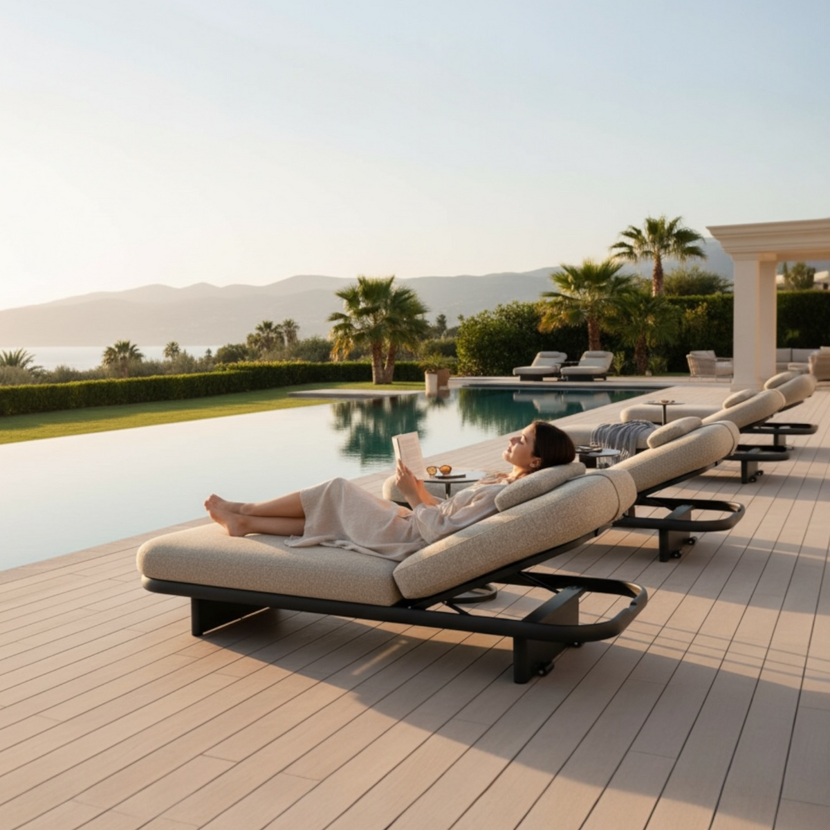 Small tray for the Rosa charcoal gray padded aluminum chaise lounge – shown outdoors