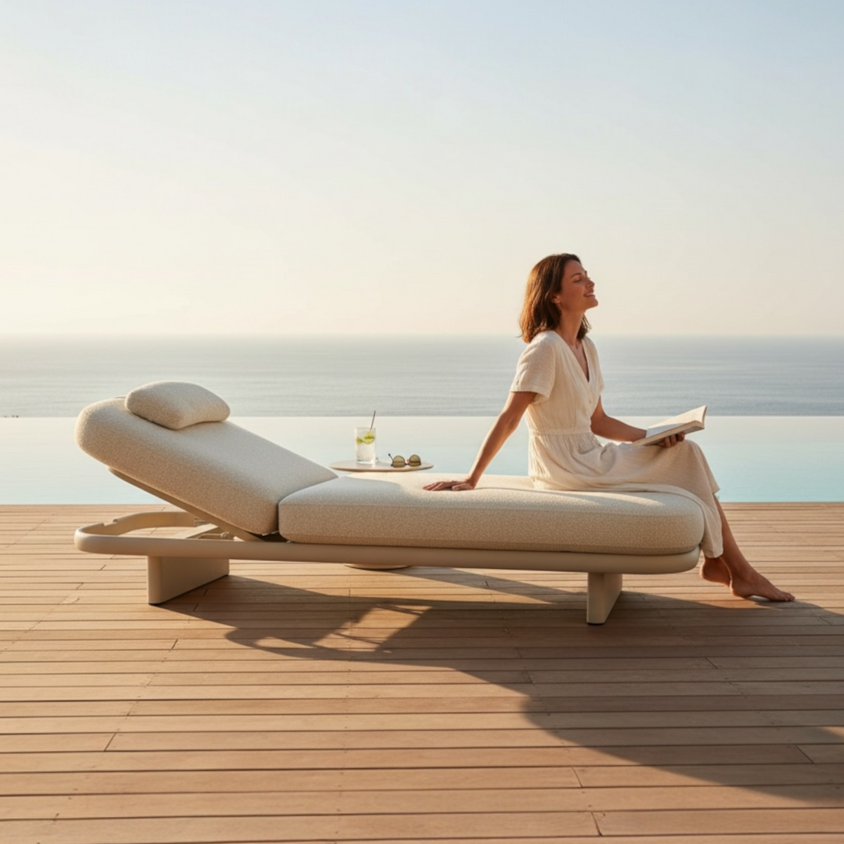 Rosa beige padded aluminum chaise lounge – shown outdoors