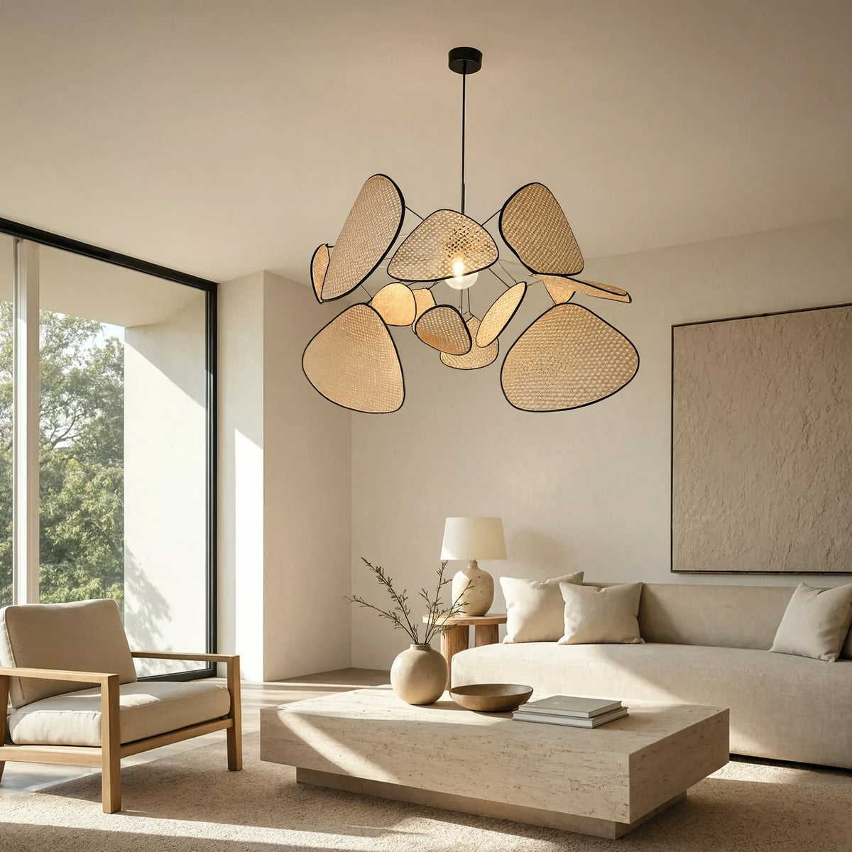 Living room with a rattan cane petal chandelier