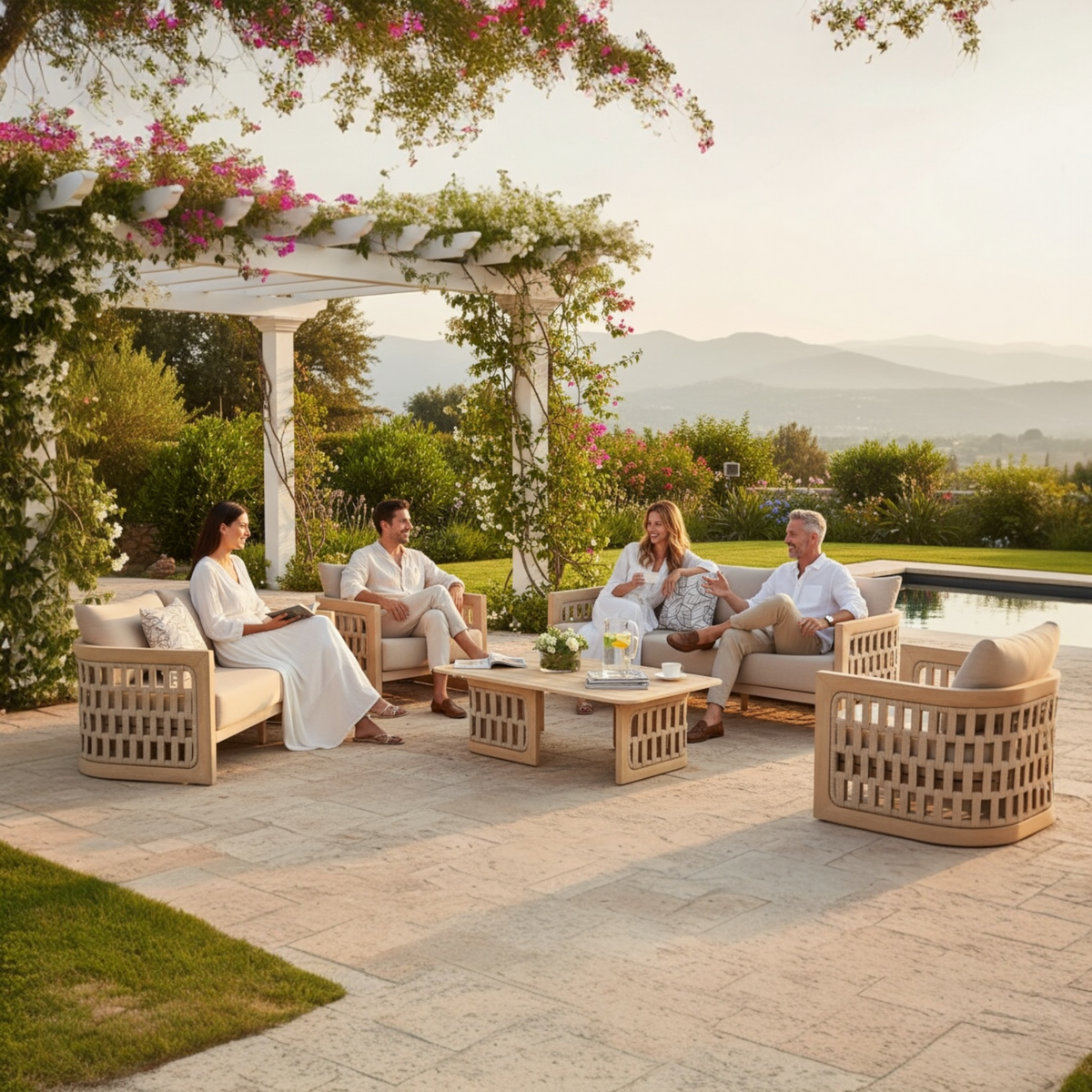 Teak and rope lounge set under a flowering pergola