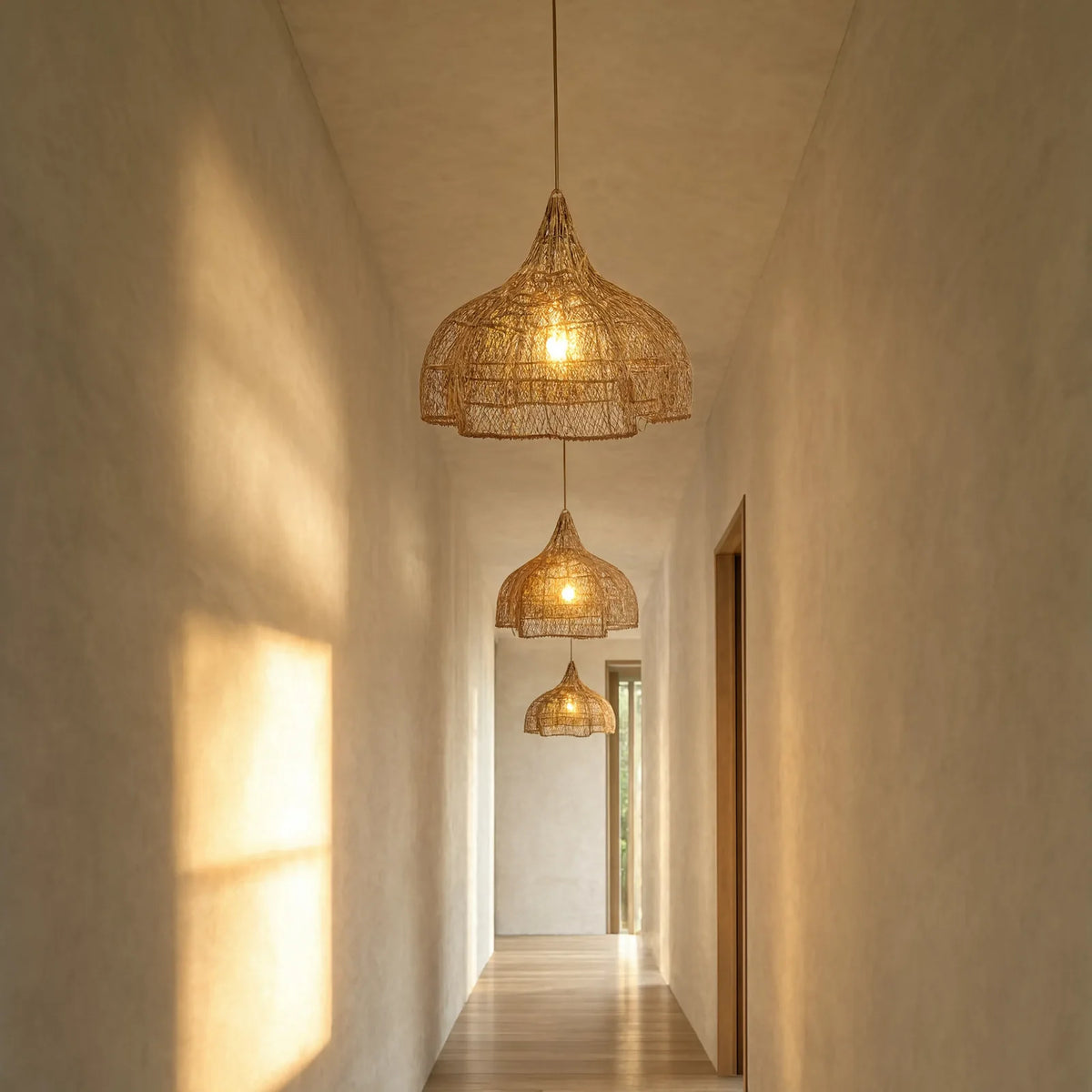 Hallway with three scalloped rattan pendants in warm evening light