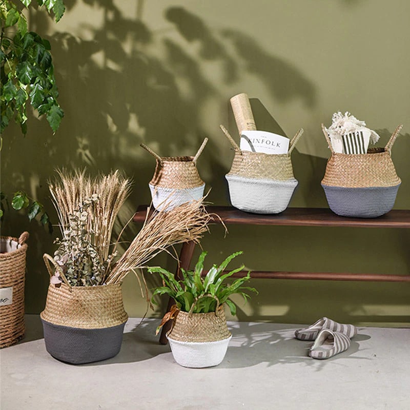Beige handmade rattan basket used as a plant pot cover – shown in a room setting