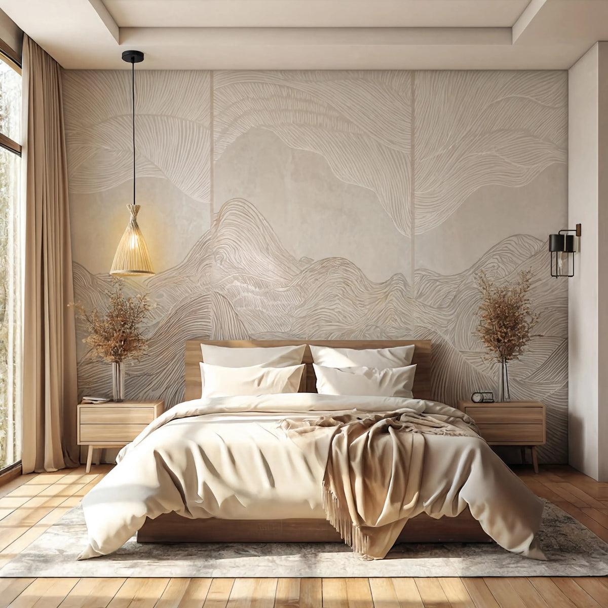 Hydra rattan cone pendant light – shown in a bedroom