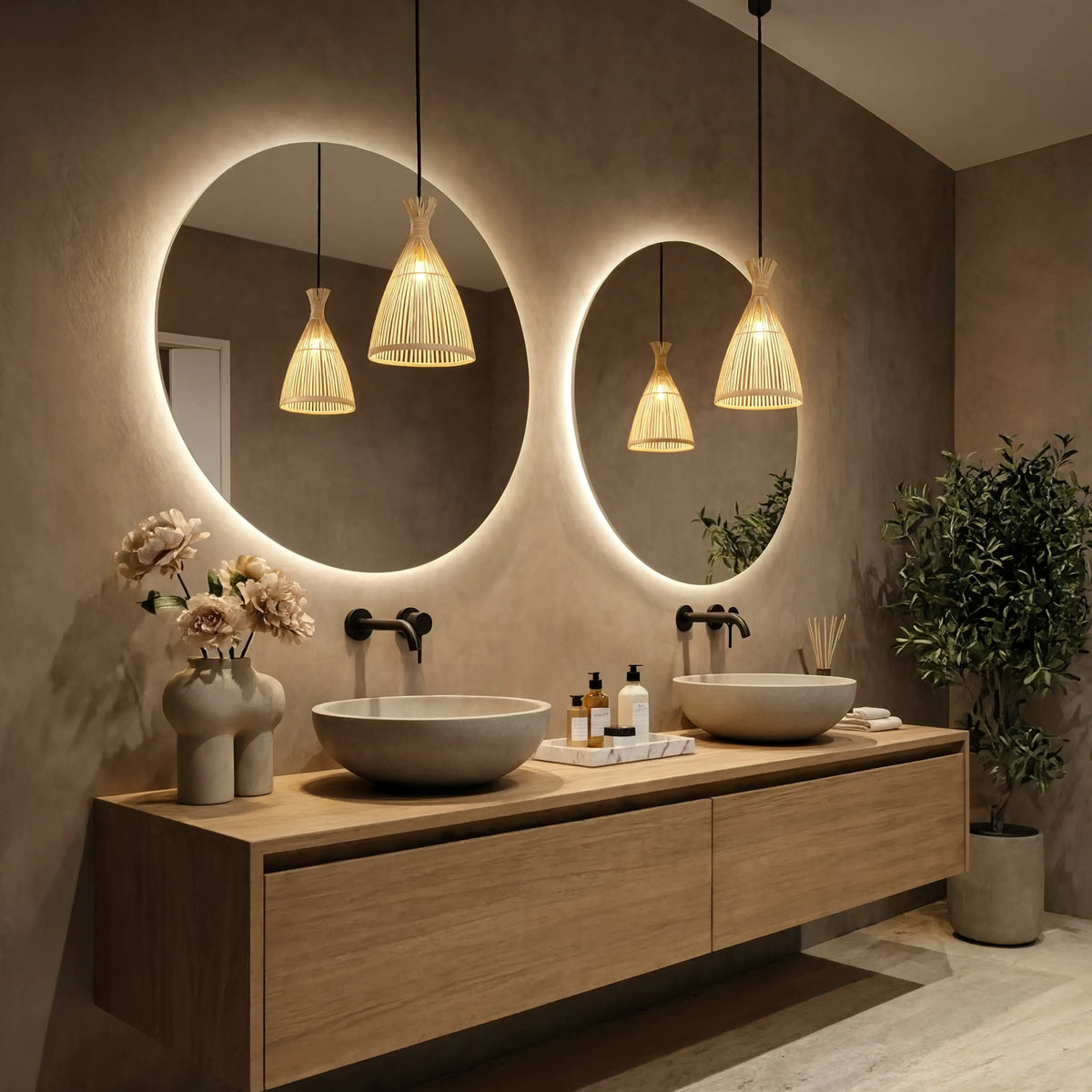 Hydra rattan cone pendant light – shown in a bathroom