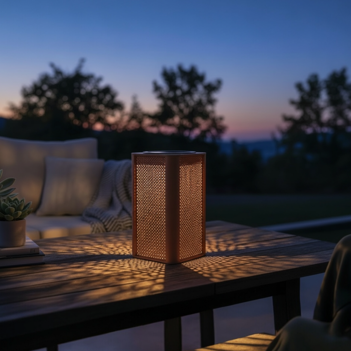 Arlo Cube red aluminum solar lamp – shown lit outdoors