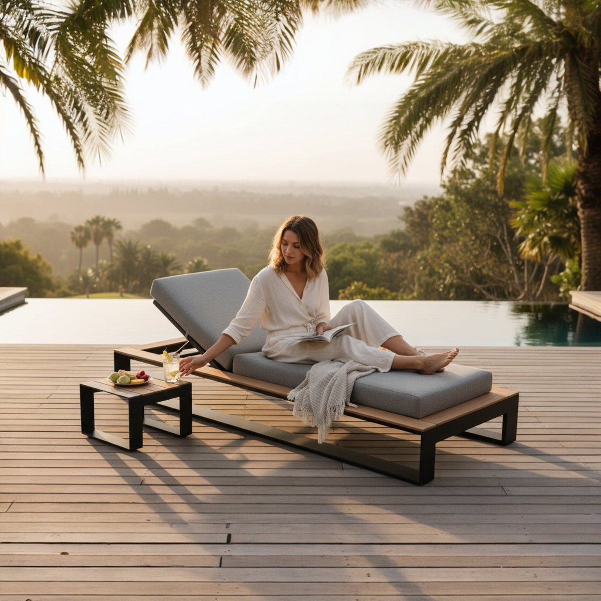 Sofy aluminum chaise lounge with teak armrests and side table – shown outdoors