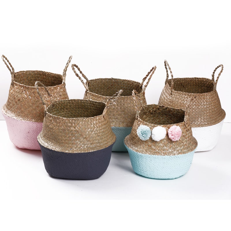 Soft blue handmade rattan storage basket – multiple views
