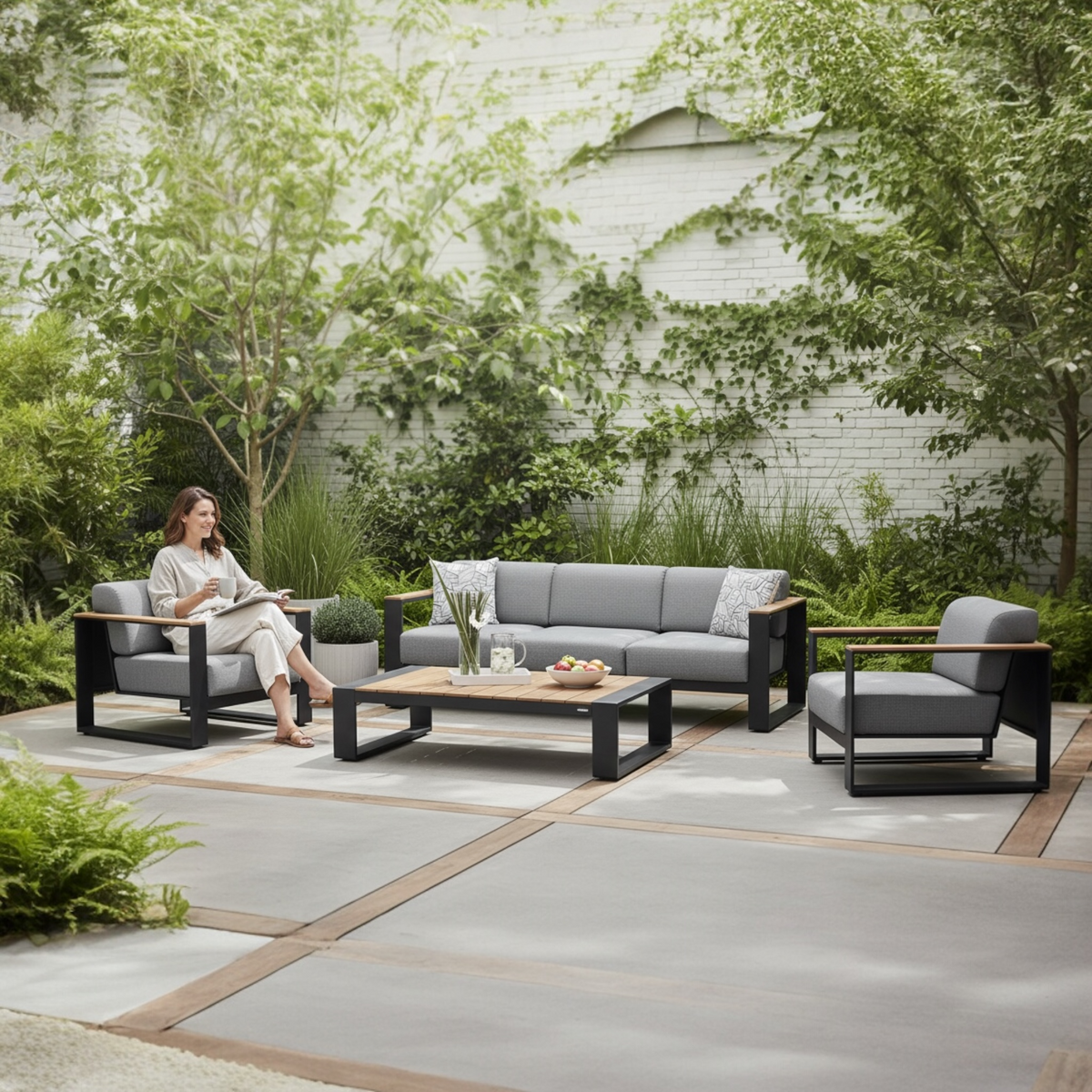 Sofy anthracite aluminum and teak sofa set with solid teak armrests – shown outdoors (2)