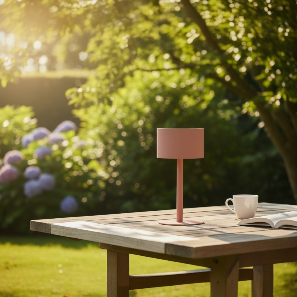 Arlo Round red aluminum solar lamp – shown outdoors (2)