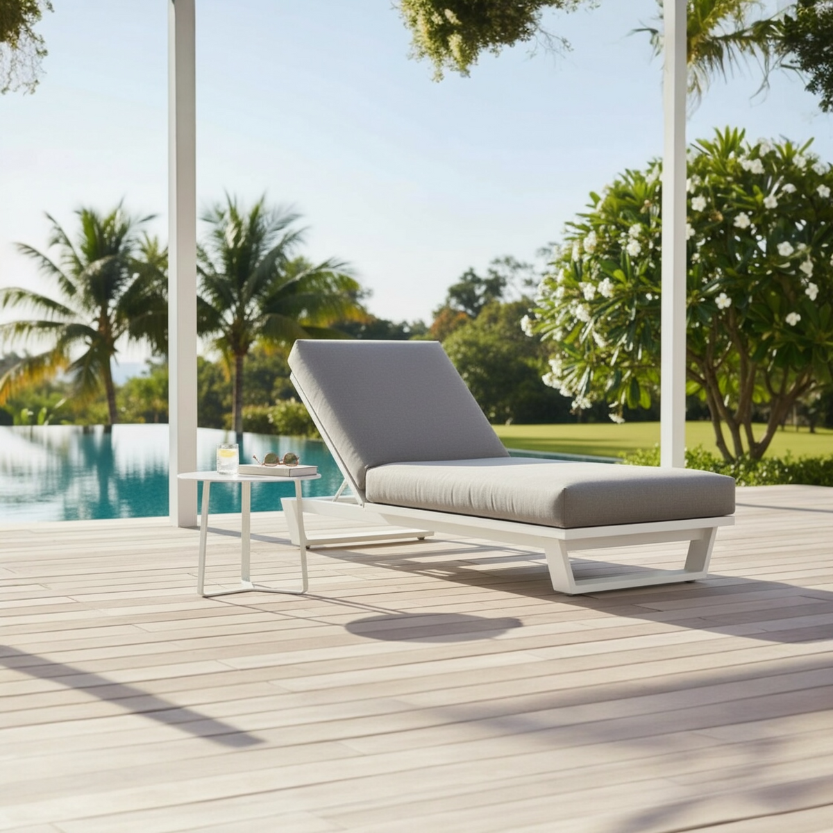 Pagino white aluminum chaise lounge with gray cushion – shown outdoors