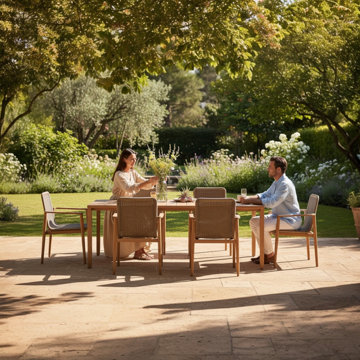 Paula solid teak and taupe rope dining armchair – shown outdoors (2)
