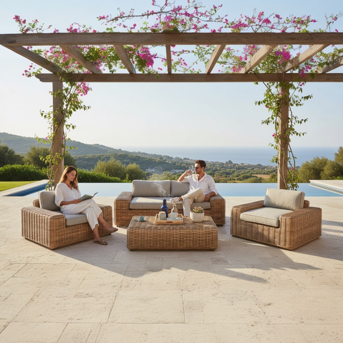 Bali round resin wicker patio set with 3-seat sofa, two armchairs and glass table – shown outdoors (2)