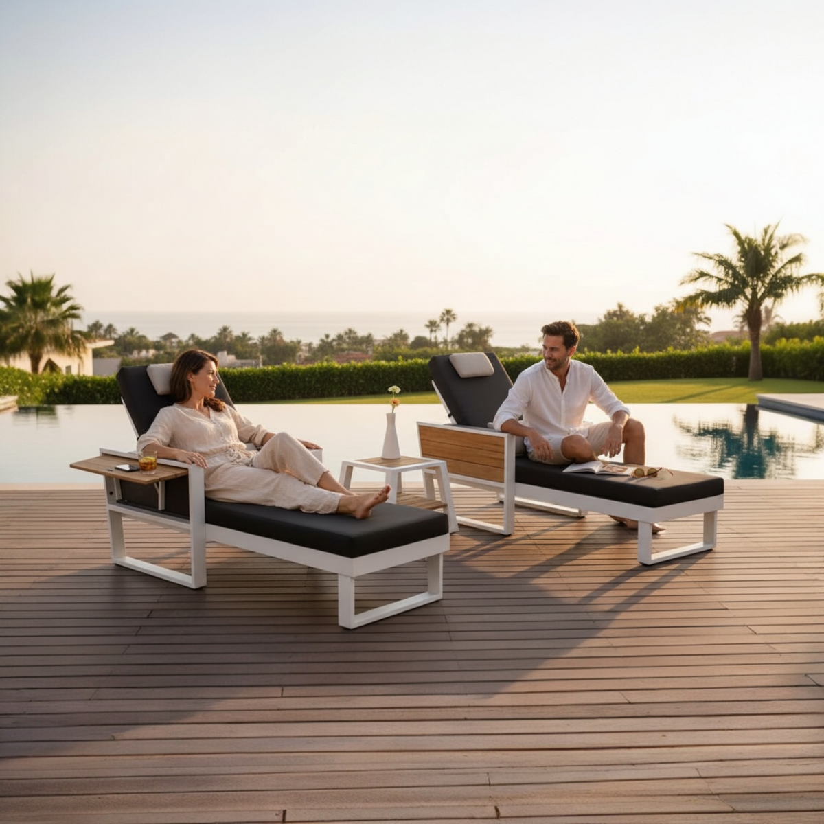York white aluminum and teak chaise lounges, set of 2, black cushions – shown outdoors (2)