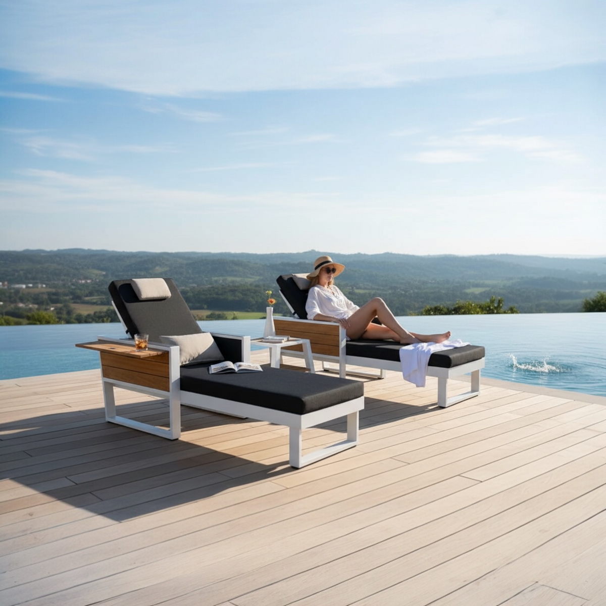 York white aluminum and teak chaise lounges, set of 2, black cushions – shown outdoors