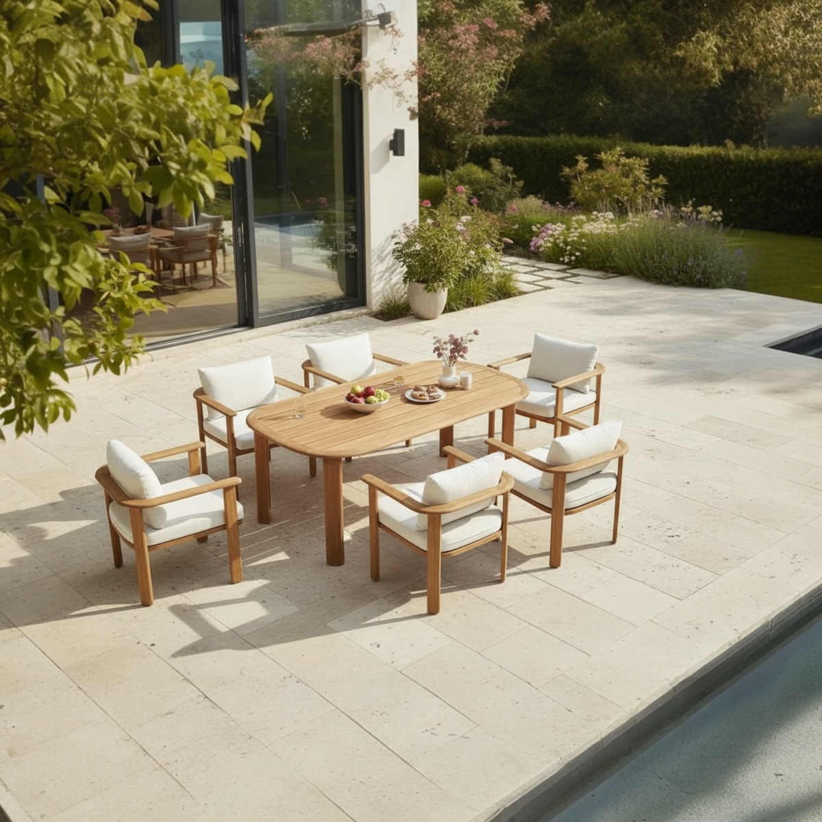 Roma 6-seat solid teak outdoor dining set – shown outdoors