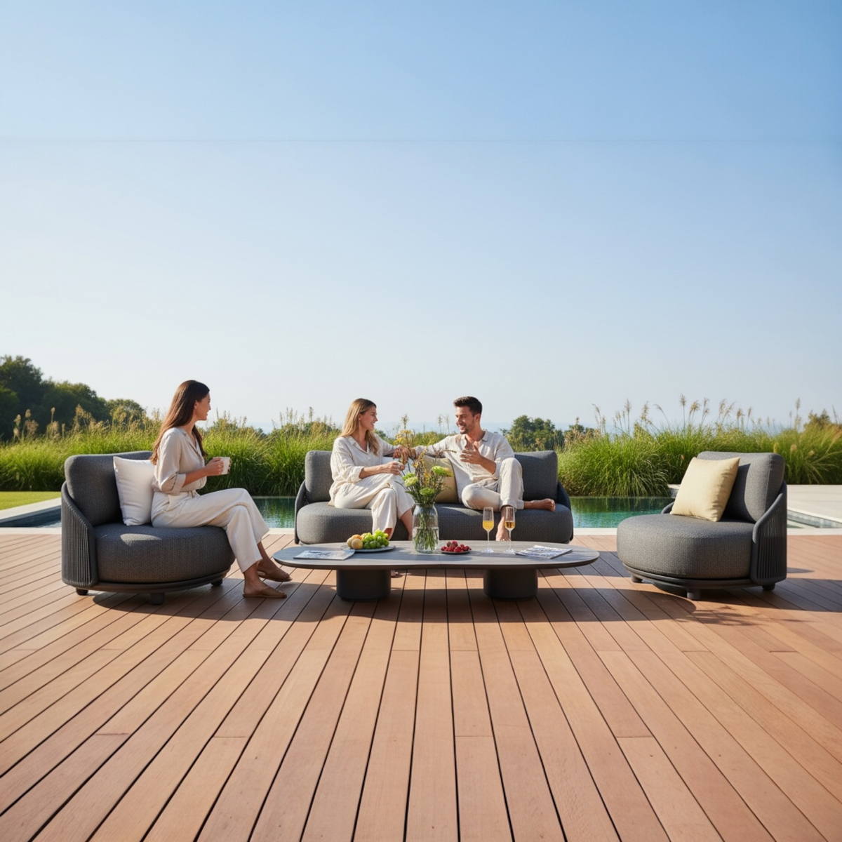 Aura black rope outdoor lounge set with gray-taupe marble-effect coffee table – shown outdoors (2)