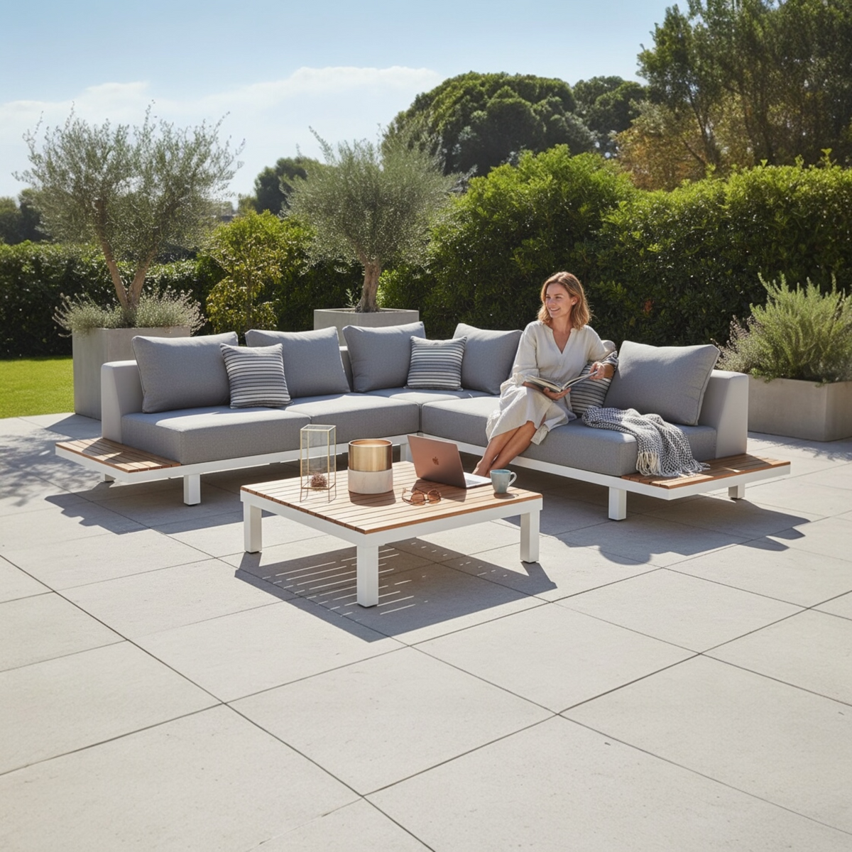 Orsy Cosy 5-seat white aluminum and teak corner sofa set – shown outdoors (2)