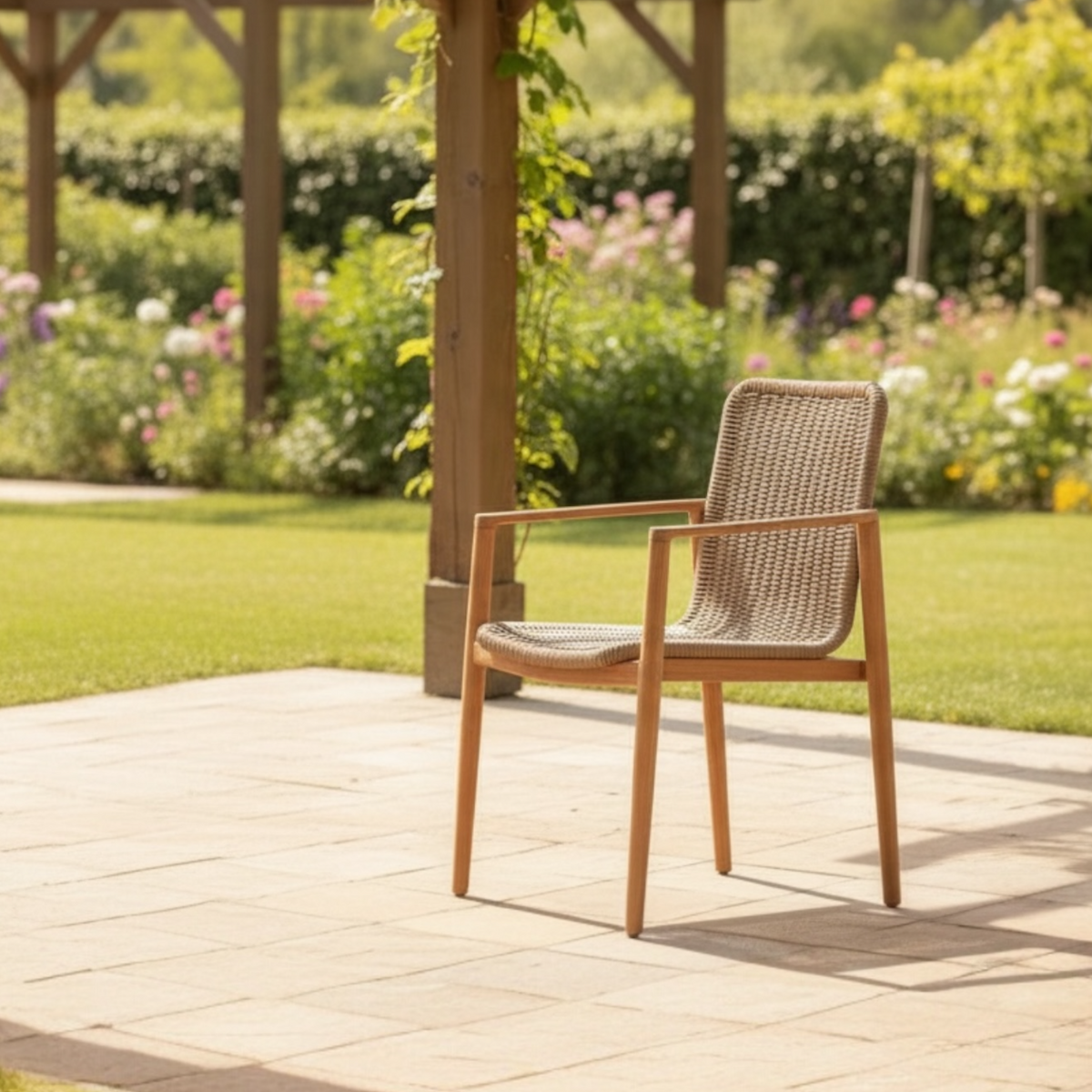 Paula solid teak and taupe rope dining armchair – shown outdoors