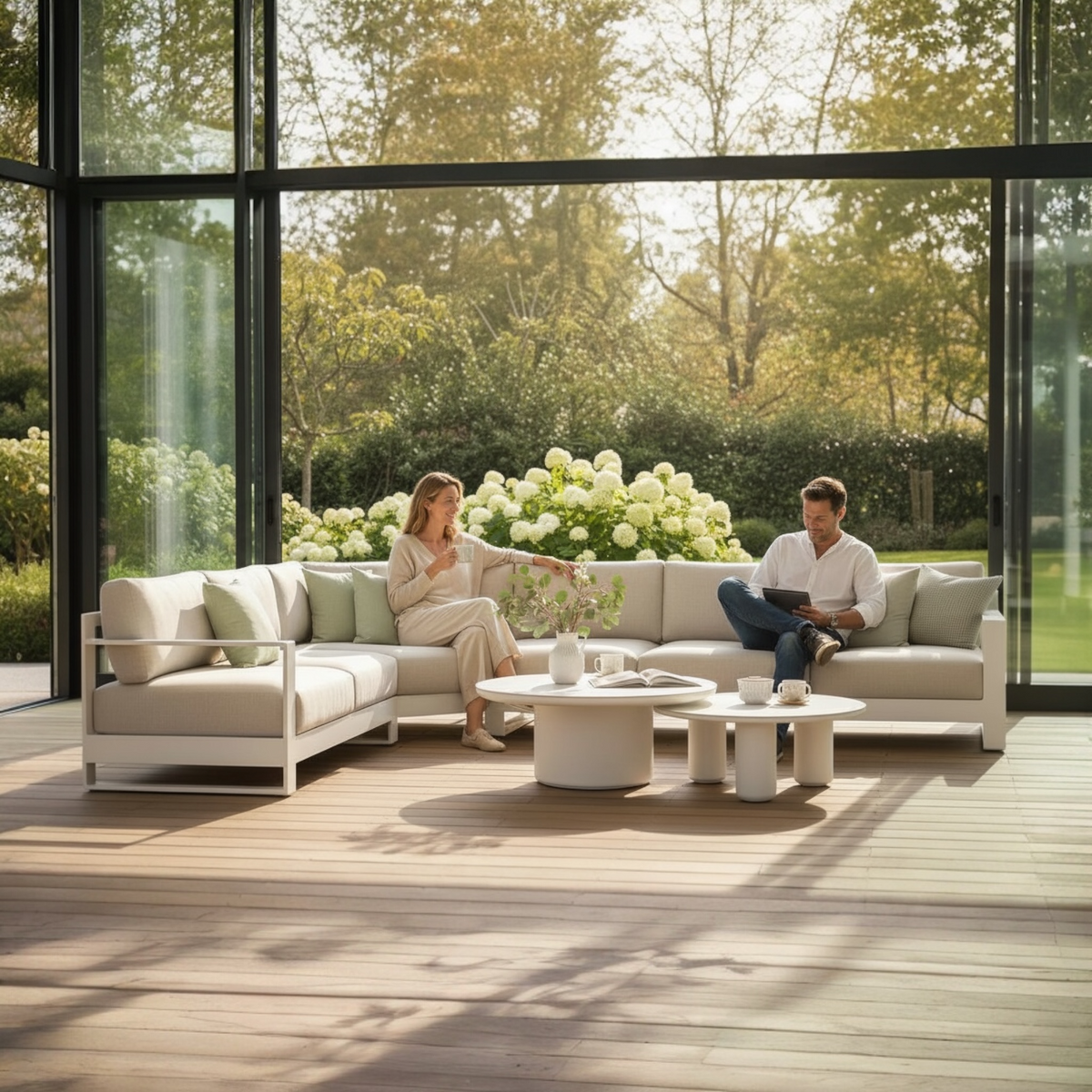 Iris Cosy white aluminum outdoor sectional with extra-wide corner seat – shown outdoors
